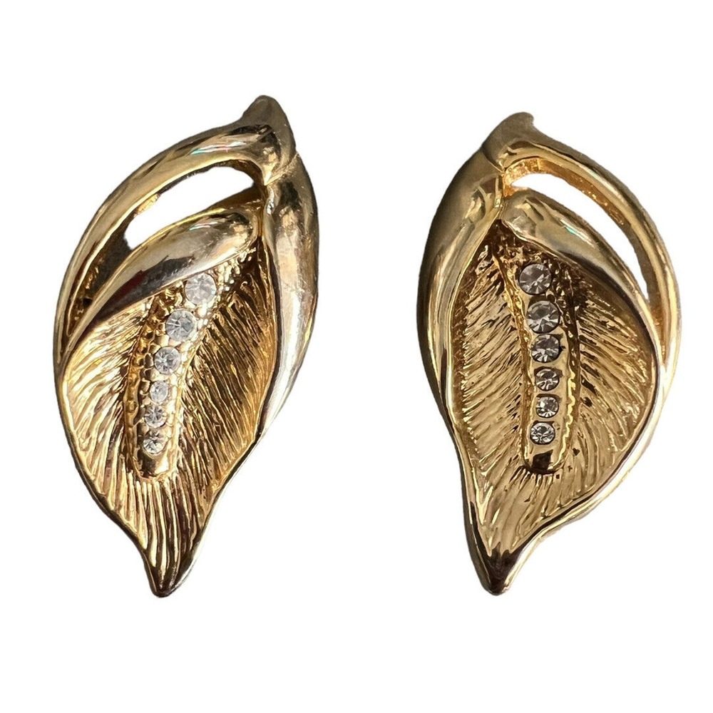 Vintage Gold Tone Textured Leaf Clip On Earrings Rhinestone Statement Jewelry